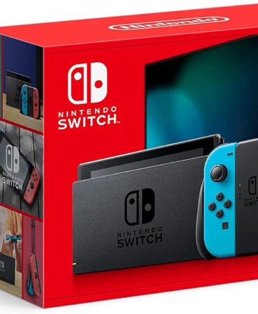 Nintendo switch with neon blue and neon red joy